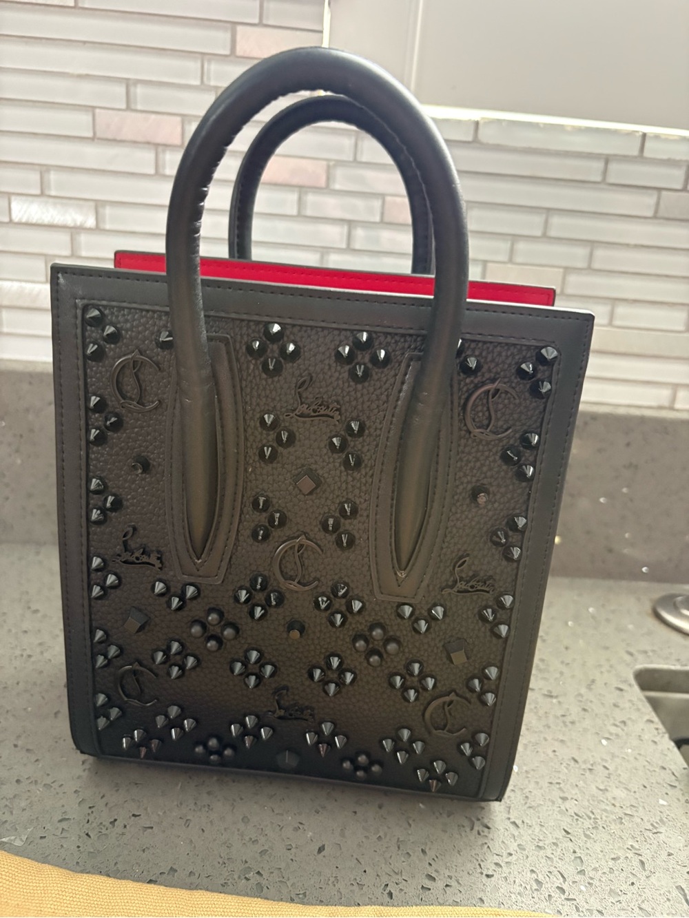 & Other Stories Black Studded Mini Tote with Red Interior
